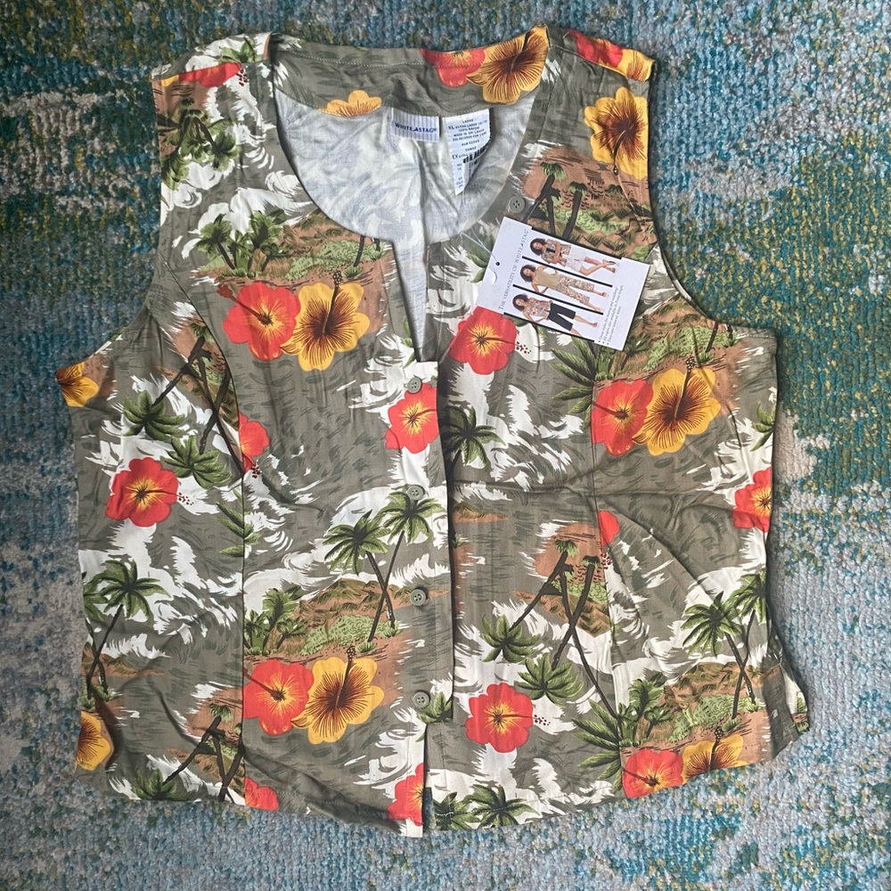 Vintage dead stock White Stag sleeveless button down tropical blouse, size XL